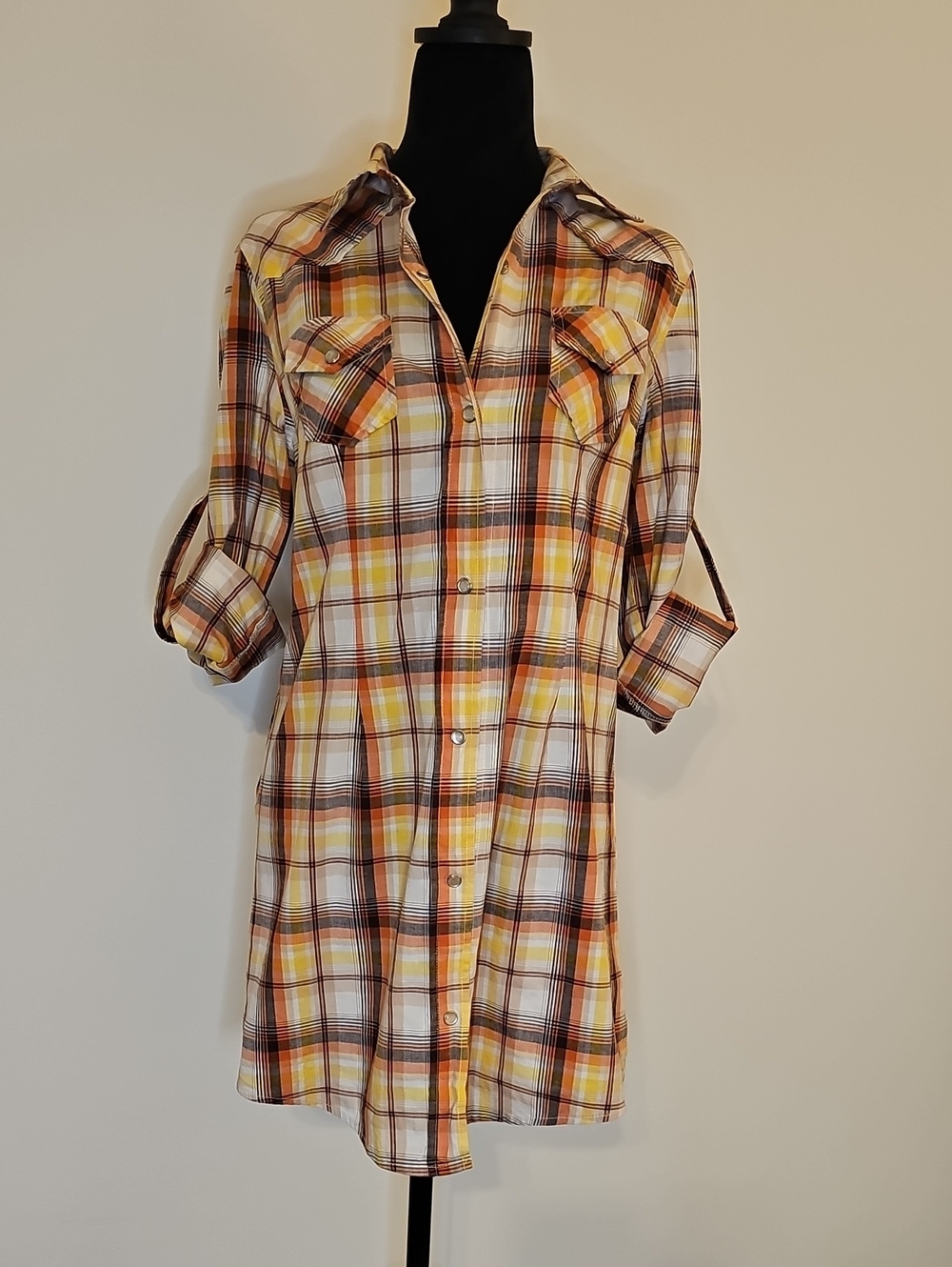 JAK Plaid Button-Front Shirt Dress in Yellow and Brown Made In USA Size Small - Picture 2 of 11
